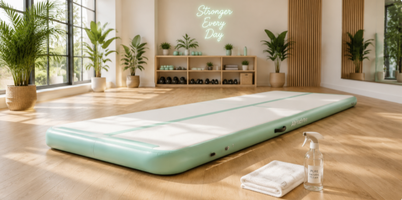 A clean and well-maintained mint-green air track mat in a sunlit home gym, reflecting proper hygiene and care.