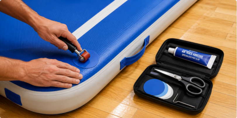 A close-up view of a person using a repair kit and roller to apply a circular patch onto a blue gymnastics air track mat.