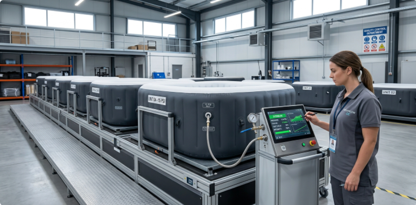 Factory quality control testing where drop-stitch hot tub shells undergo digital high-pressure retention checks.