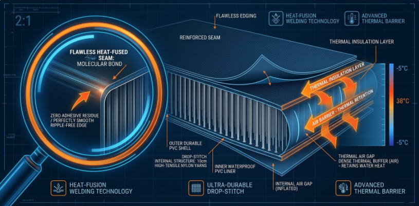 A detailed macro inspection graphic highlighting a flawless heat-fused seam and thermal insulation layer on a drop-stitch spa panel.