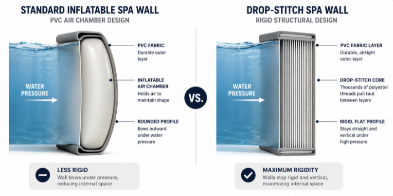 A modern retail presentation comparing a standard inflatable spa with a premium drop-stitch hot tub on a patio.