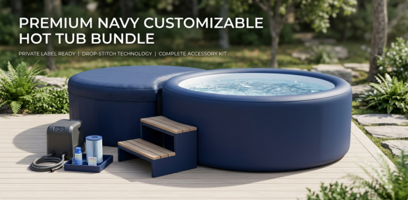 A commercial product lineup showing a customizable drop-stitch hot tub with a matching thermal cover and steps for private labeling.