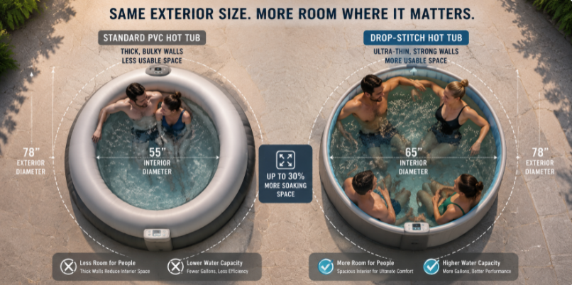 A top-down comparison showing how thin drop-stitch walls offer more internal seating capacity than thick standard inflatable walls.