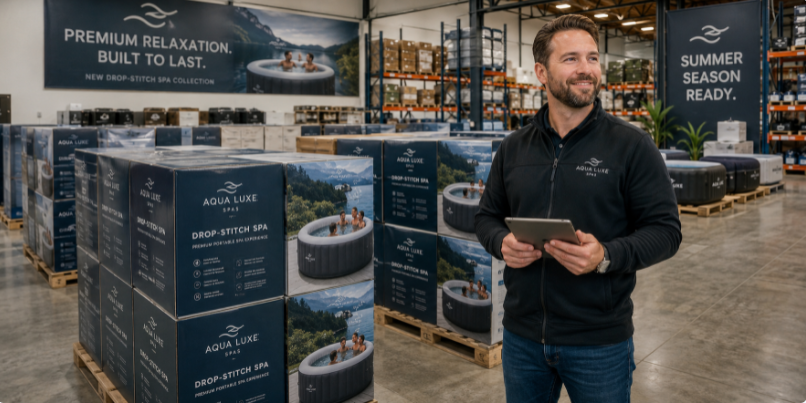 A well-organized retail warehouse display featuring boxed premium drop-stitch hot tub inventory ready for the summer season.