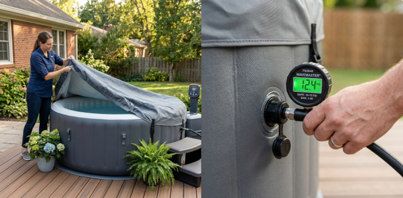 A maintenance guide visual showing a drop-stitch hot tub being covered for UV protection and an inflation valve pressure check.