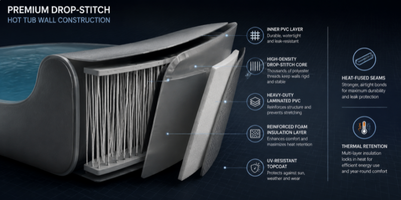 A 3D exploded view diagram showing the multi-layer construction, foam insulation, and heat-fused seams of a premium drop-stitch spa.