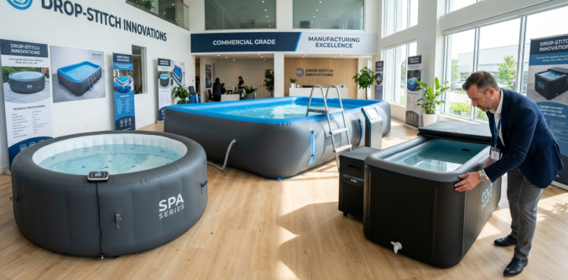 A commercial product display featuring a drop-stitch swimming pool, hot tub, and cold plunge ice bath tub for retail sourcing.