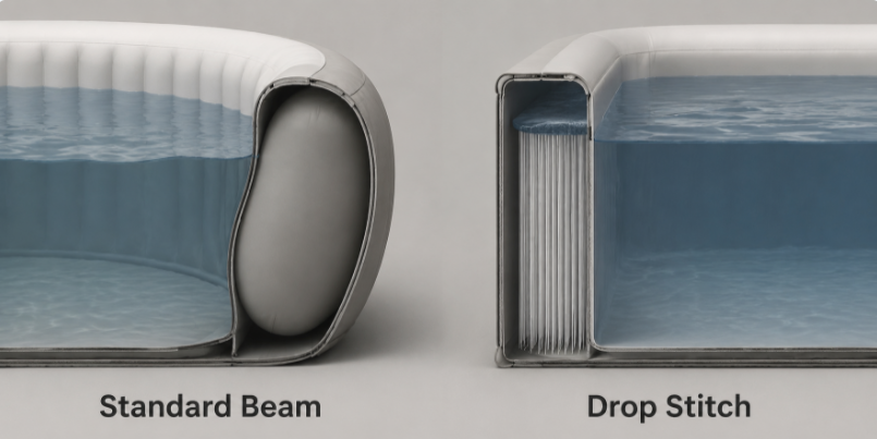 A technical diagram comparing a bulbous standard PVC inflatable pool wall with a rigid, flat drop-stitch wall under pressure.