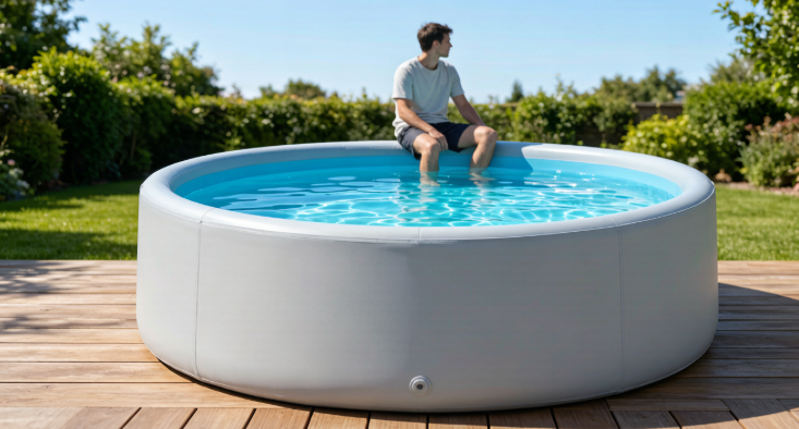 Rigid inflatable drop stitch pool with firm walls on a backyard deck