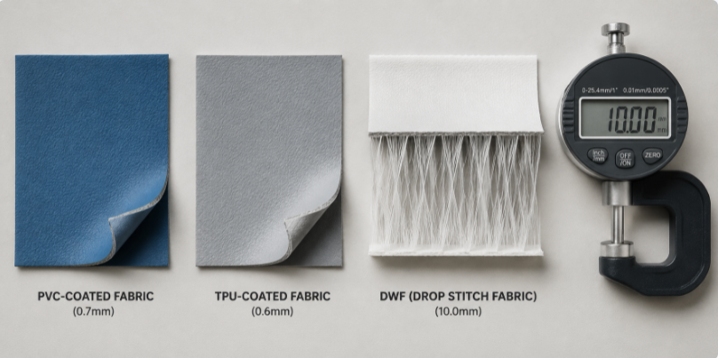 PVC, TPU, and DWF fabric swatches with thickness gauge