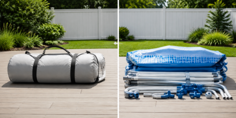Rolled drop stitch pool beside disassembled steel frame pool