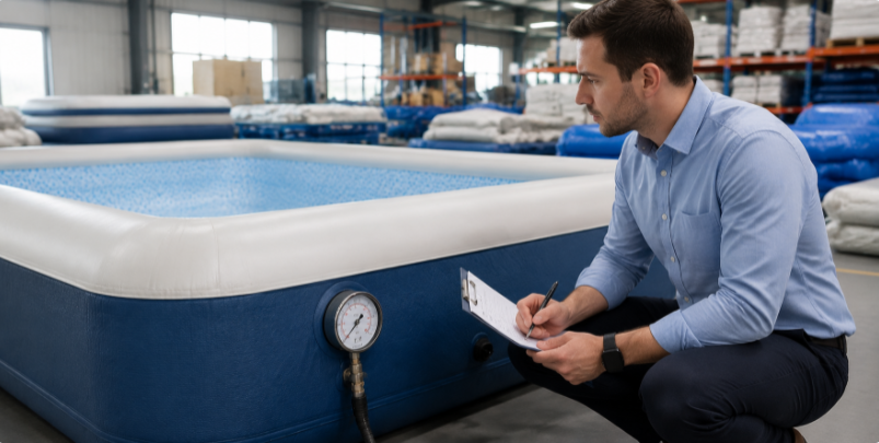 Buyer inspecting a drop stitch pool prototype with pressure gauge