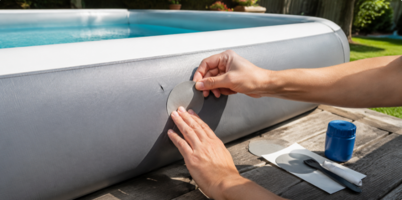 Repairing a puncture on a drop stitch pool with a patch kit