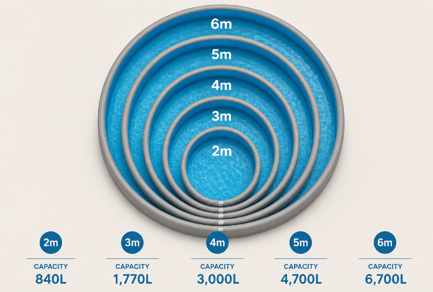 Drop stitch pool diameter comparison 2m to 6m with capacit