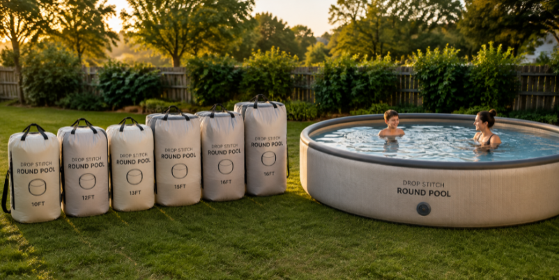Round drop stitch pool rental fleet storage bags