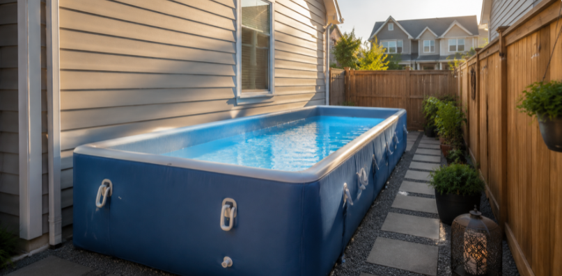 Rectangular pool in narrow side yard installation