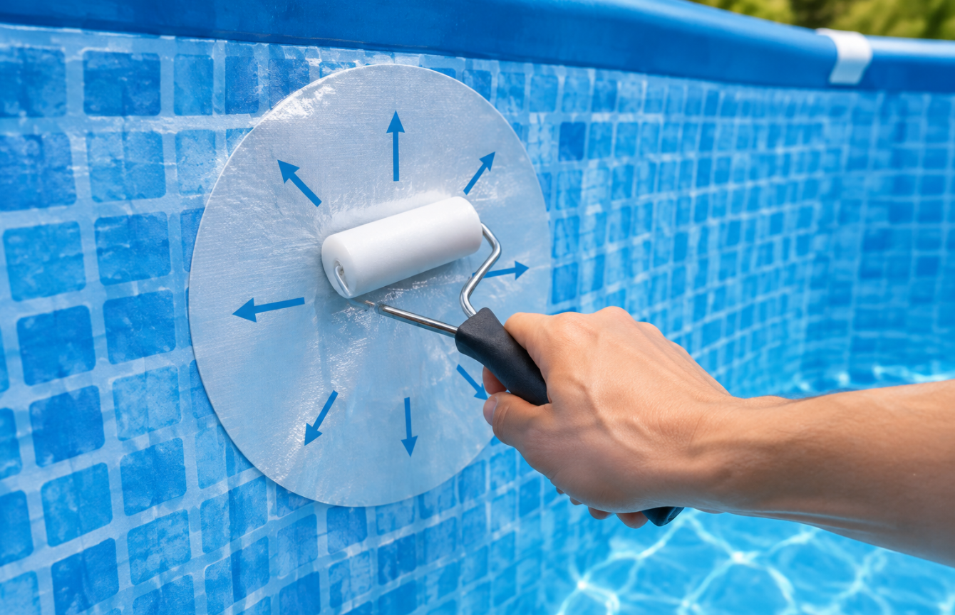 Applying a PVC patch to a drop stitch pool wall