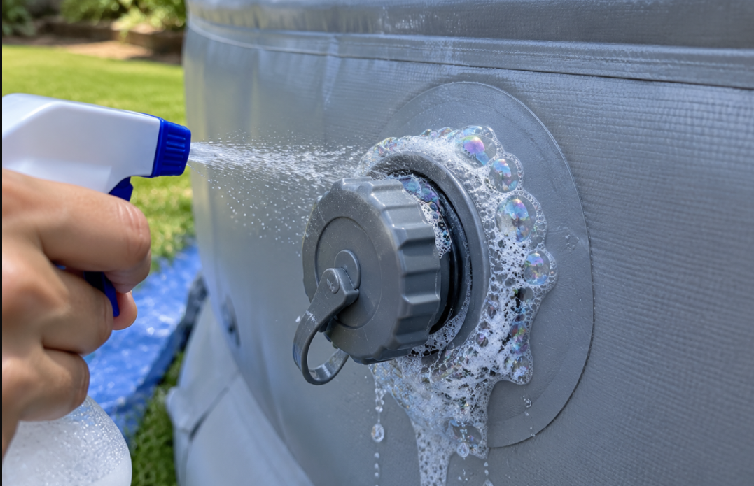 Testing an inflatable pool valve for leaks with soapy water
