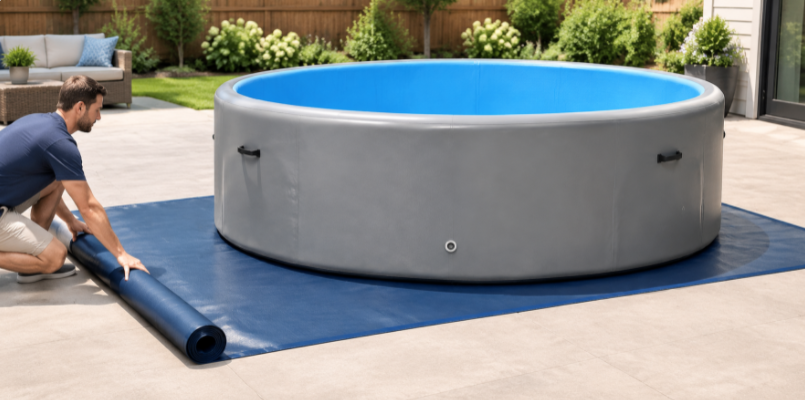 Ground mat under a drop stitch pool to prevent punctures