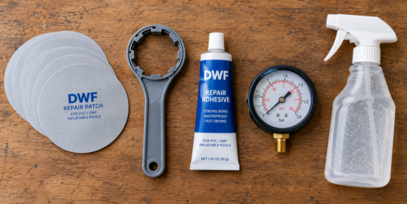 Drop stitch pool repair kit with matching DWF patches and valve wrench