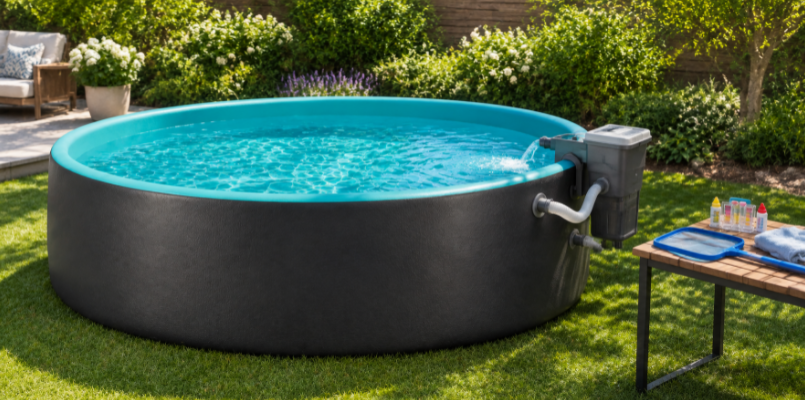 Large drop stitch inflatable pool with a hang-on cartridge filter