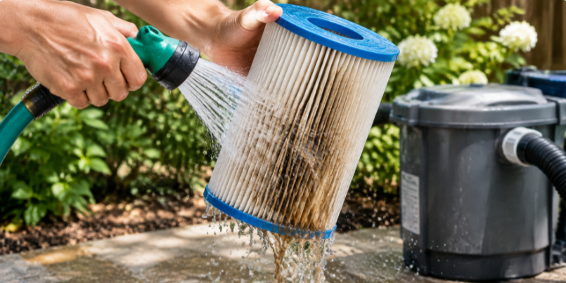 Rinsing an inflatable pool filter cartridge