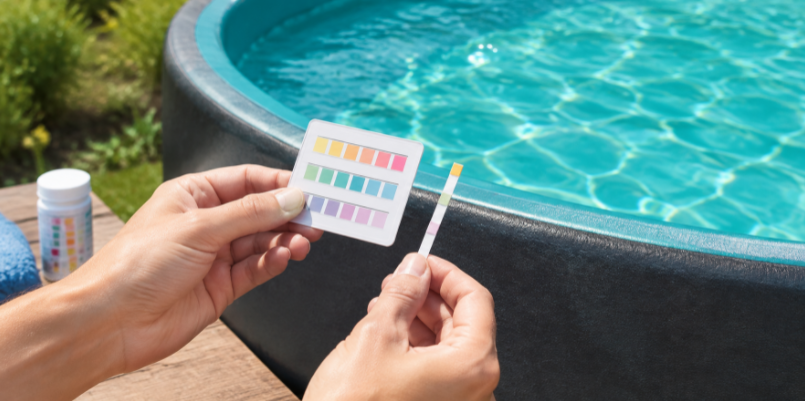 Testing inflatable pool water with a test strip