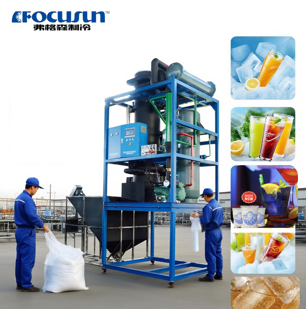 High-performance Focusun tube ice machine utilizing a vertical shell-and-tube evaporator and automated PLC logic to create crystal-clear hollow ice cylinders.