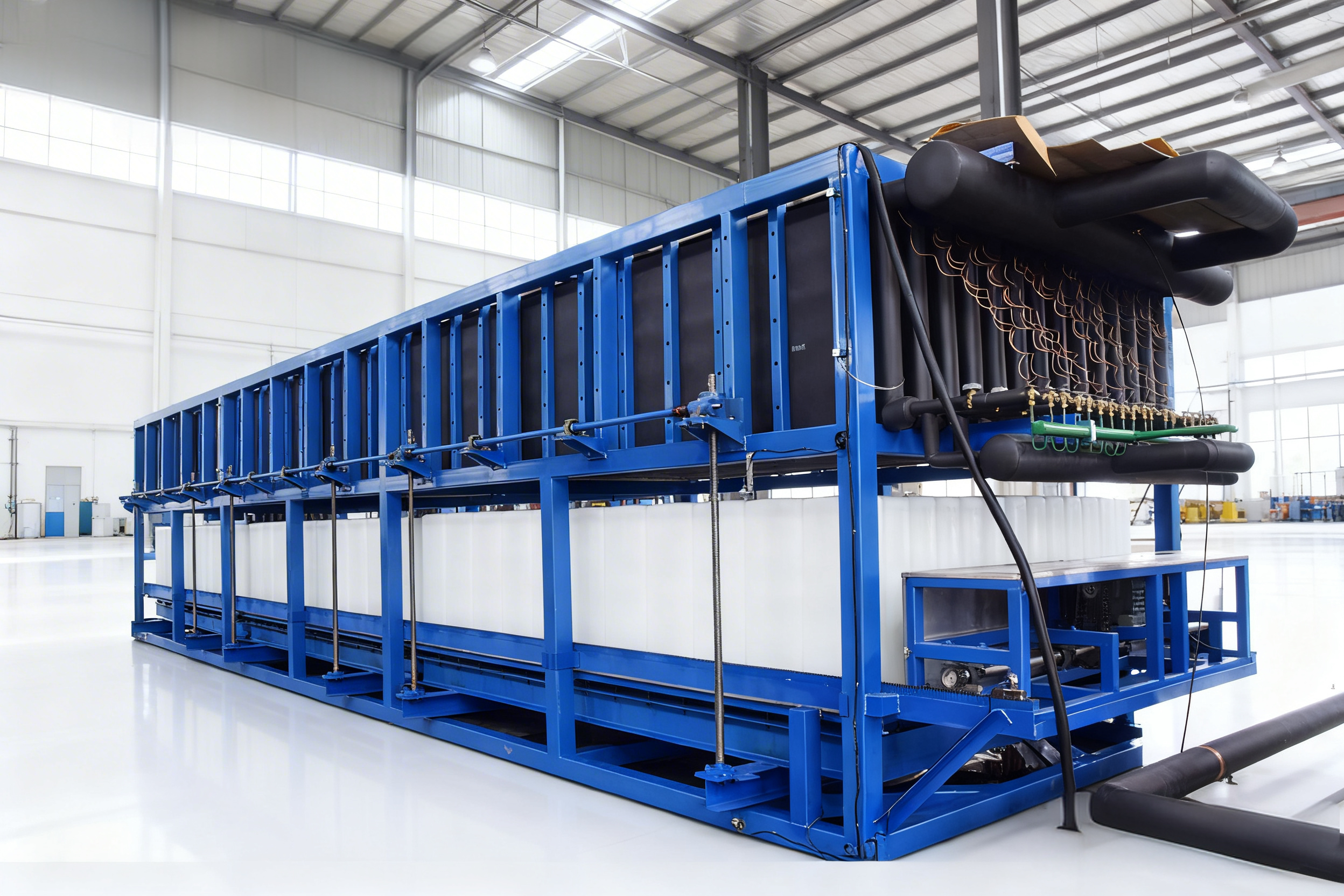 Automated direct cooling block ice machine engineered with high-grade aluminum alloy plates and a hot gas defrost system for fast, salt-free block ice production.