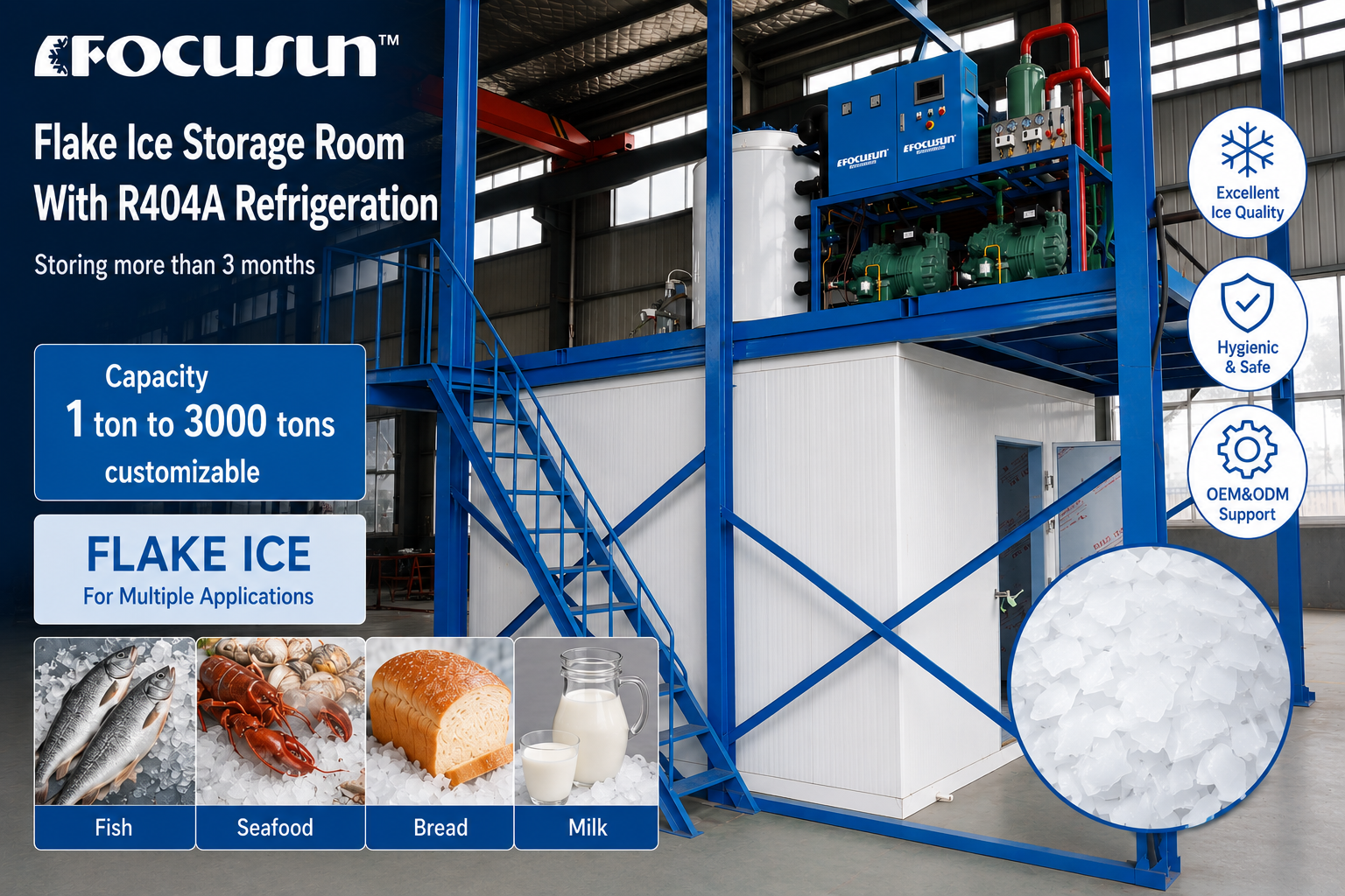 Industrial flake ice storage room equipped with high-density insulation and automated ice rake delivery systems for continuous manufacturing workflows.