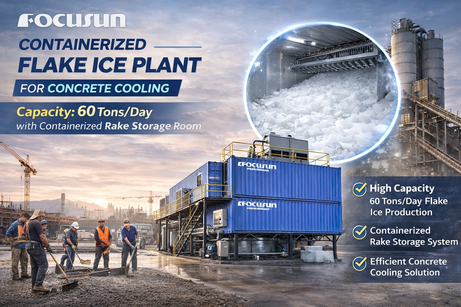 Containerized flake ice plant for concrete cooling aggregate pre-cooling on a dam civil works site, providing high surface area ice to eliminate thermal cracking.