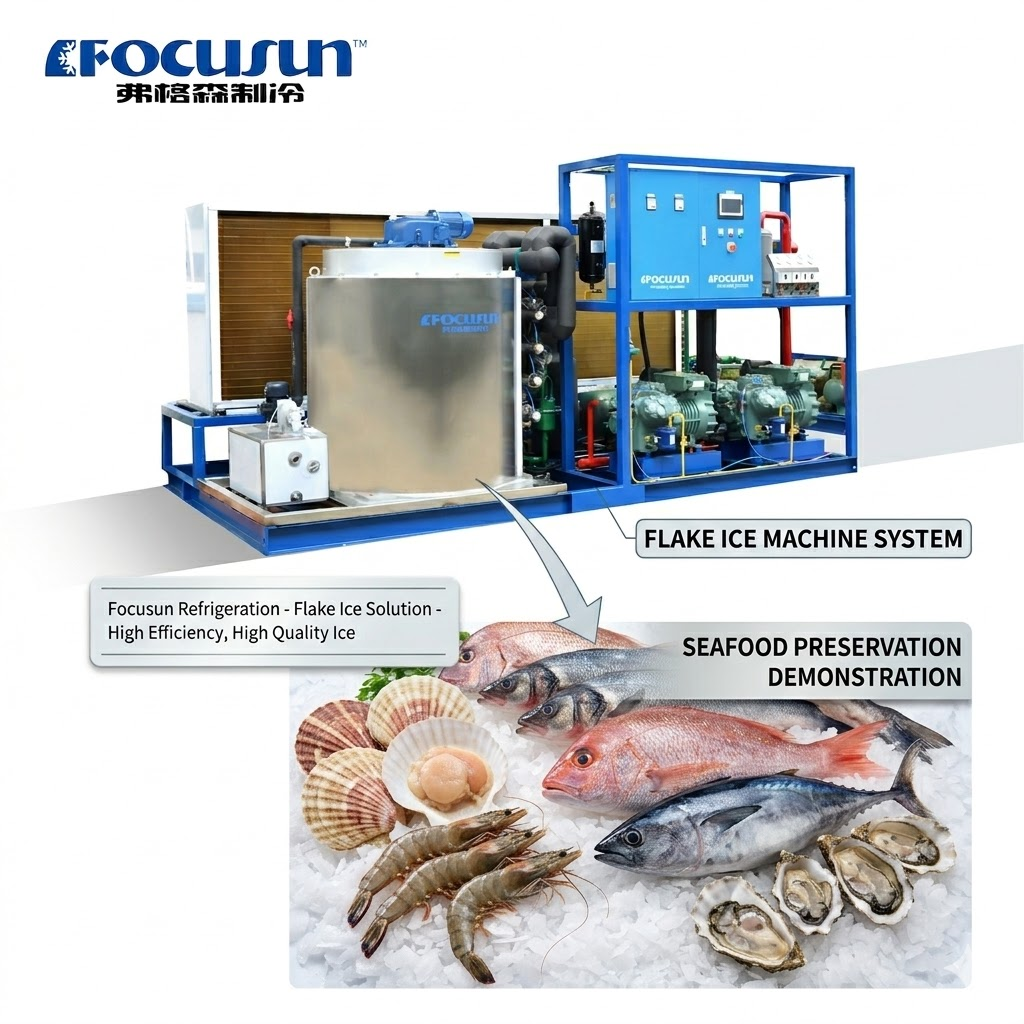 Sub-cooled, soft flake ice for seafood preservation, engineered to fill air gaps in fish crates without causing mechanical tissue bruising.