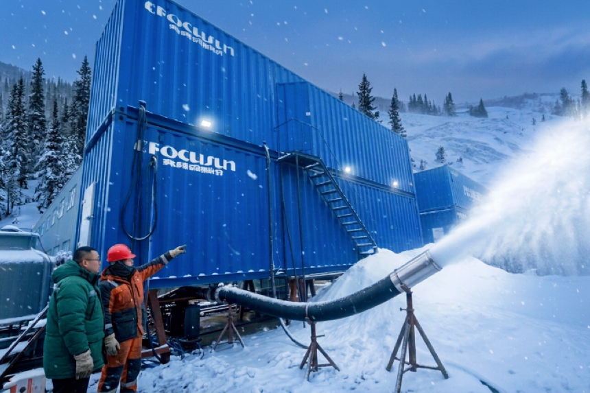 High-temperature snow making machine by Focusun designed to produce real, dry snow in warm indoor environments and climates exceeding 35 degrees Celsius.
