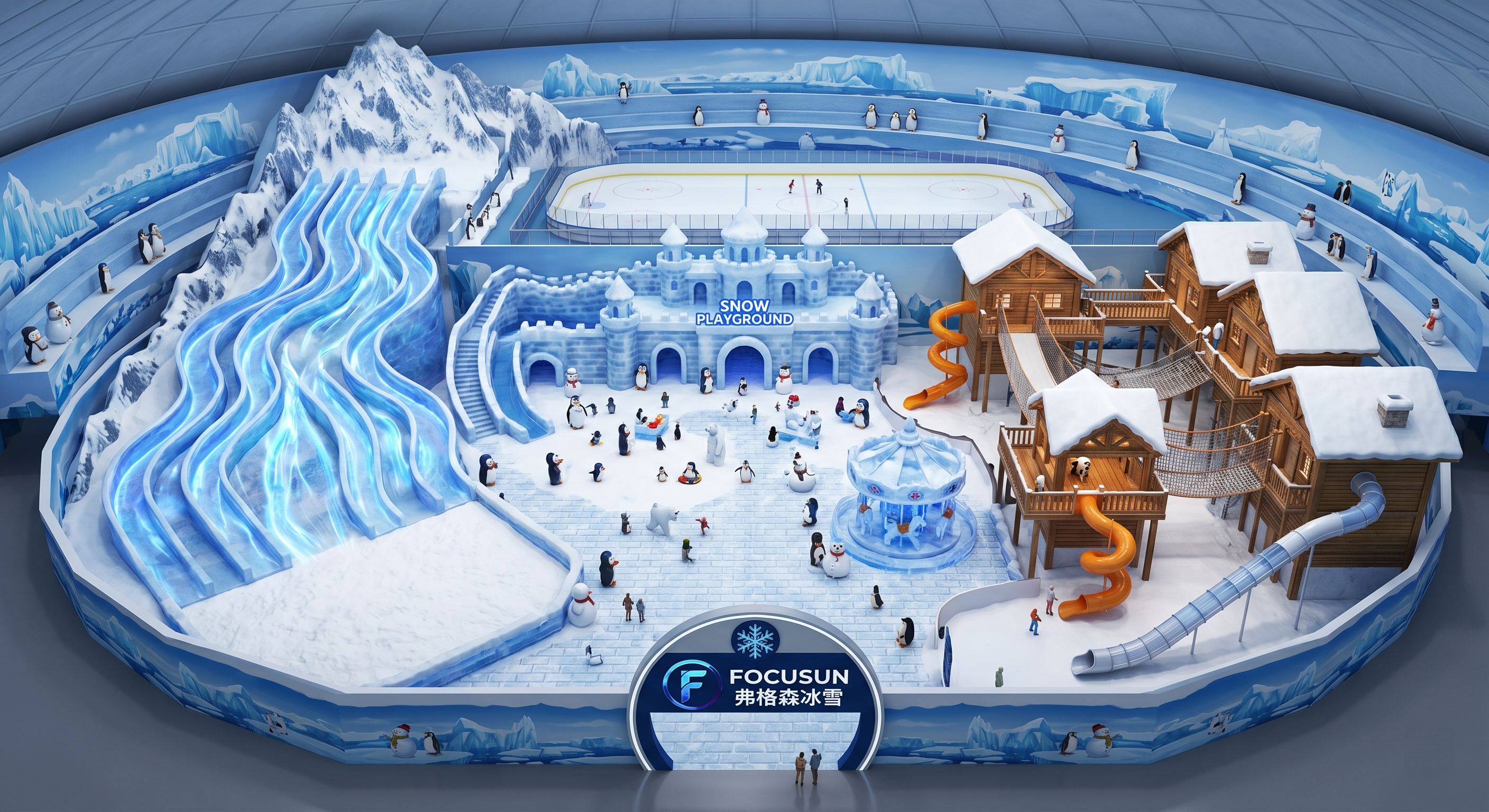 Comprehensive snow park sketch designed by Focusun mapping out guest flow, mechanical room placement, drainage routes, and the thermal insulation envelope.