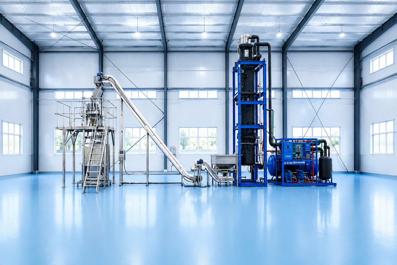 Fully automatic ice factory setup by Focusun featuring sanitary stainless steel conveyors and automatic packing machinery