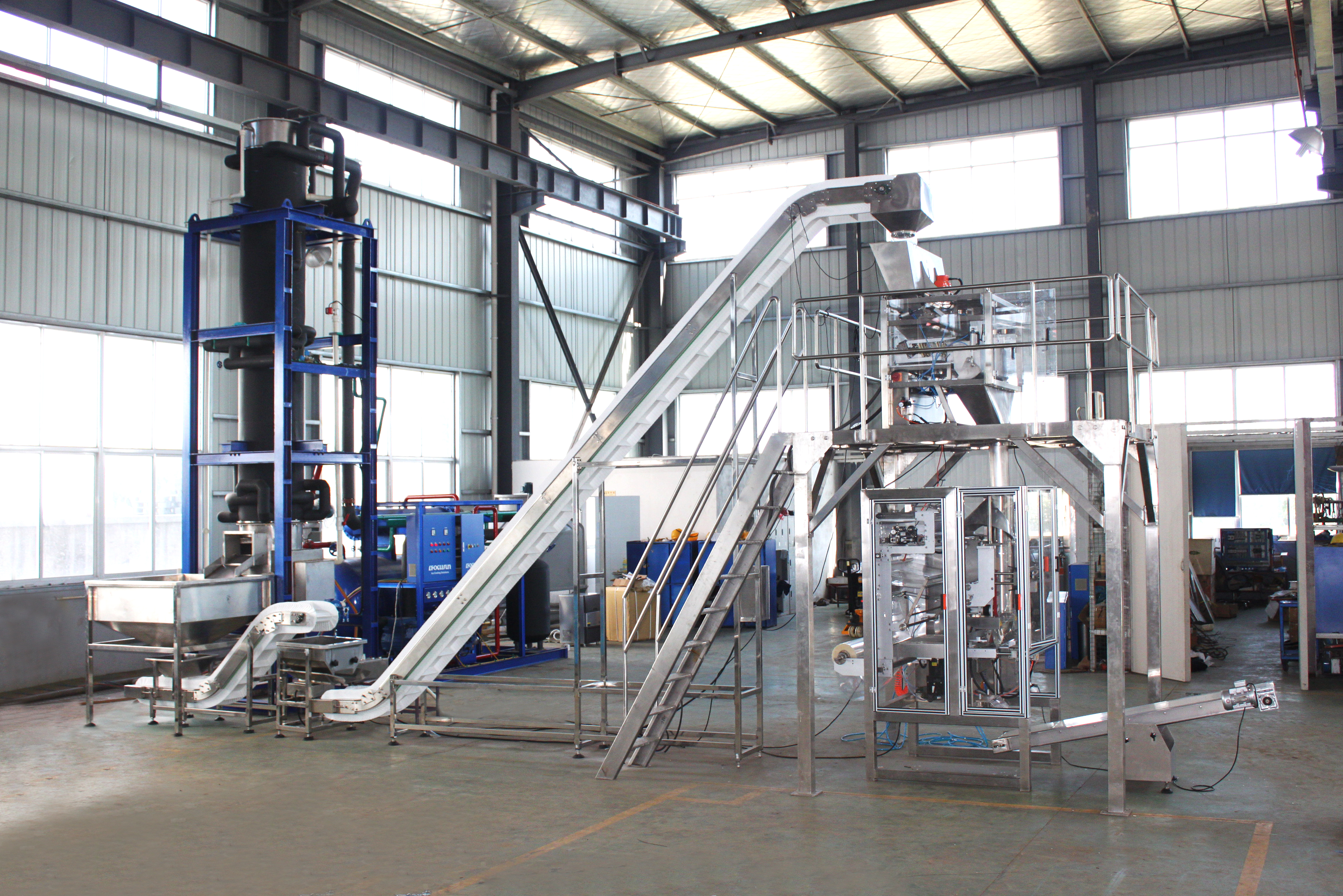 Turnkey 10-ton edible ice production plant setup including reverse osmosis water treatment, tube ice machine, and sanitary automatic packing line