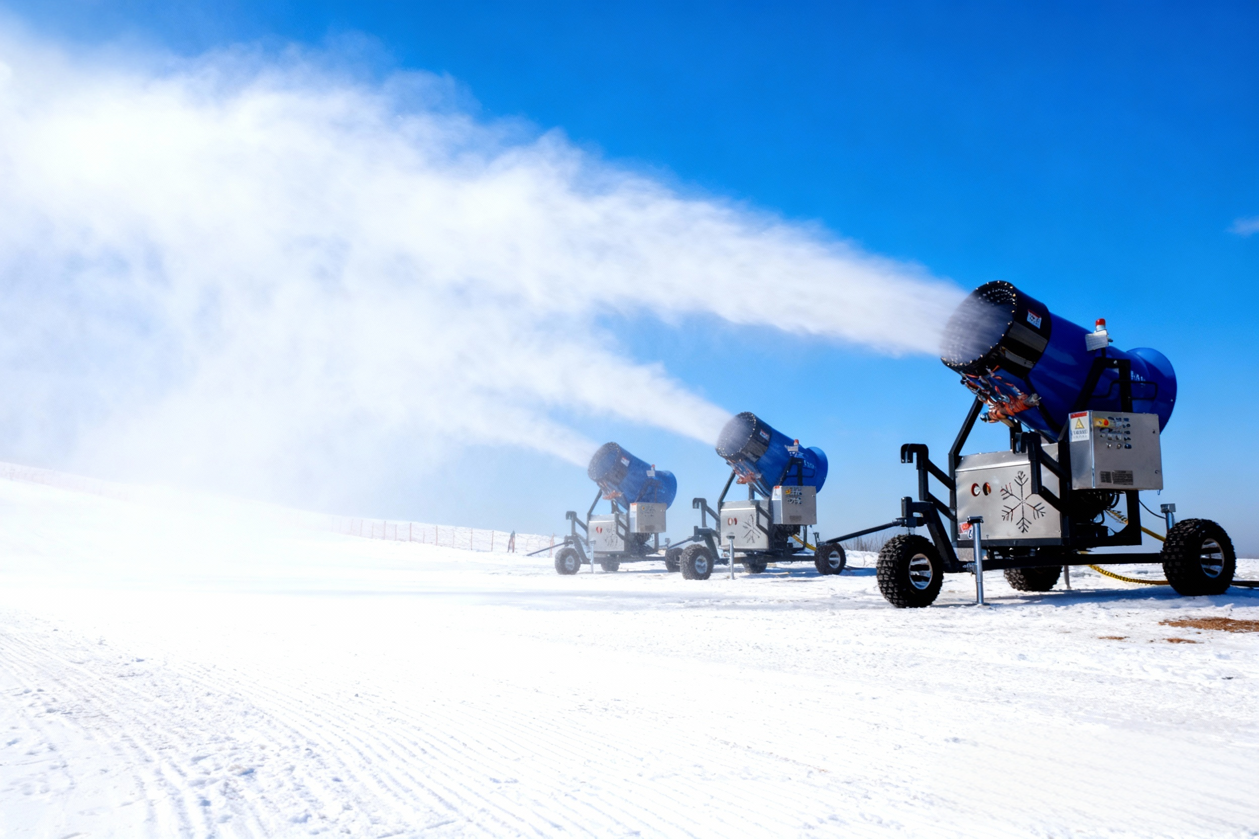 High-capacity all-weather Focusun snow gun engineered to generate playable powder snow in tropical climates above 35 degrees Celsius