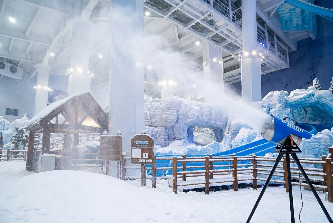 Focusun indoor mobile snow machine with compact plug-and-play design for seasonal events, rotating retail displays, and temporary snow attractions
