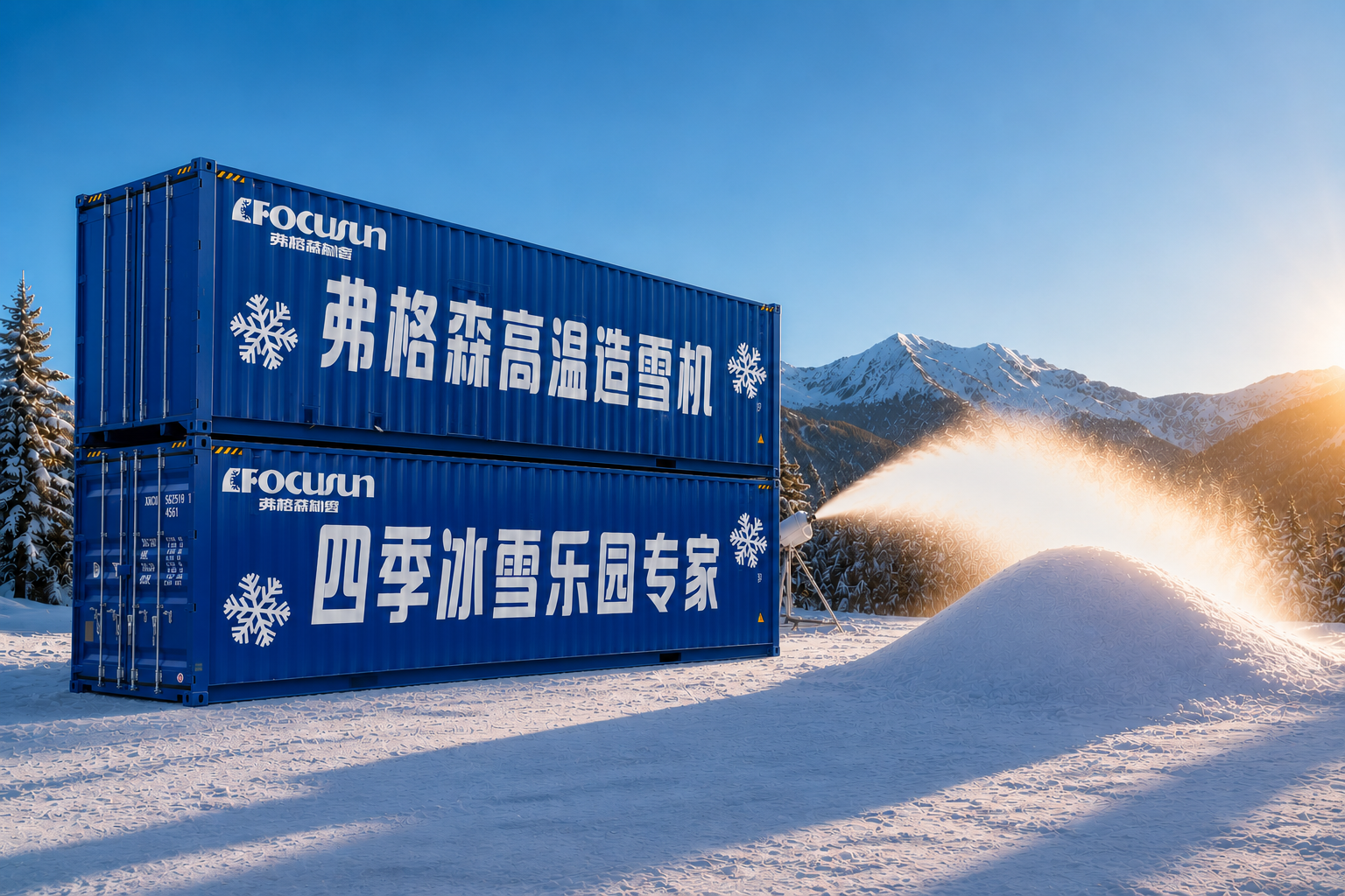 Containerized all-weather snow machine unit for outdoor sites