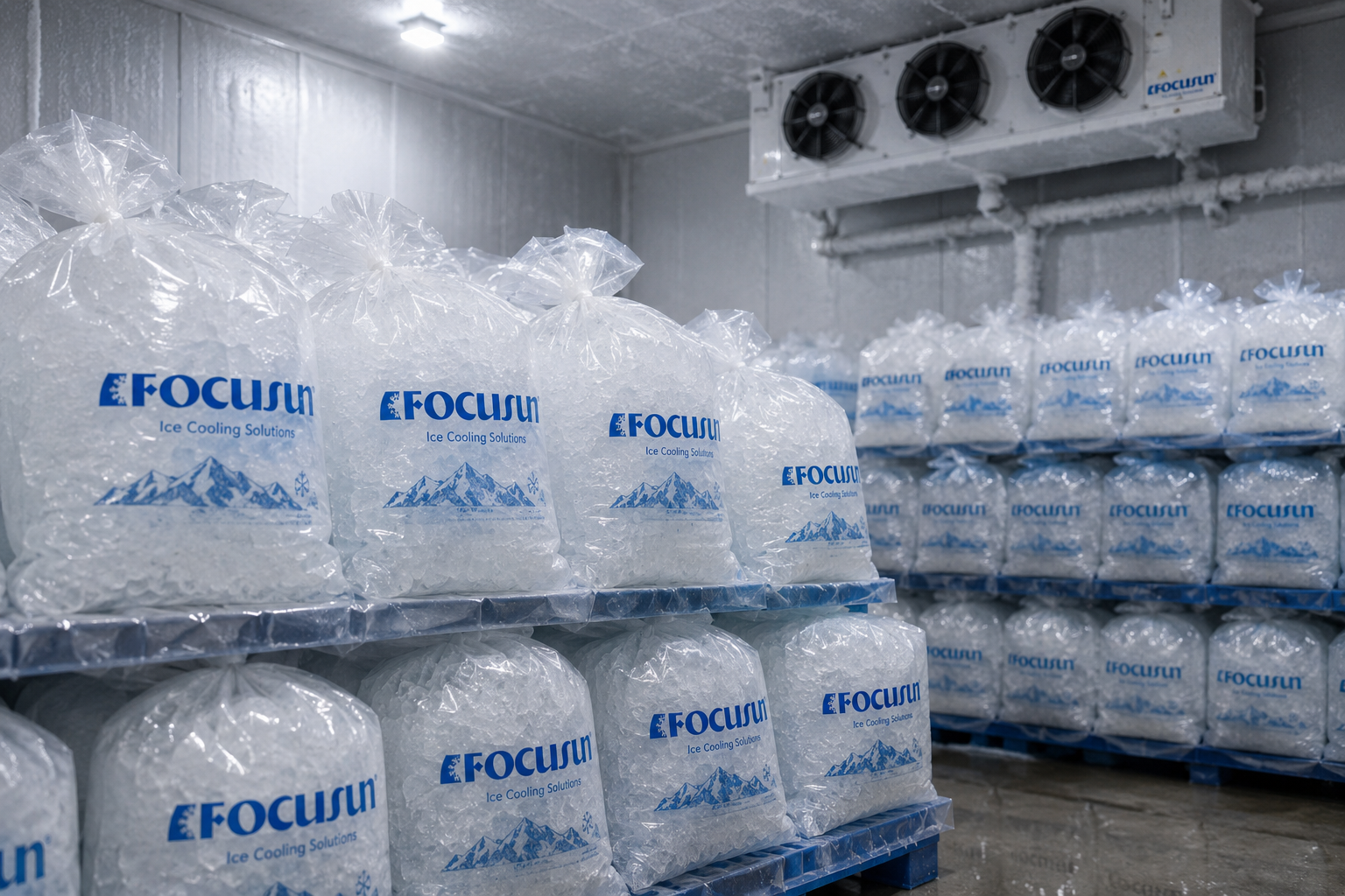Palletized packaged ice products ready for dispatch in food-grade cold room