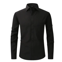 Solid Color Men's Long-sleeved Shirt, Single-breasted Square Collar Small Elastic Shirts, Suitable for Wedding/Business/Office