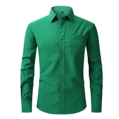 Solid Color Men's Long-sleeved Shirt, Single-breasted Square Collar Small Elastic Shirts, Suitable for Wedding/Business/Office