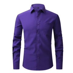 Solid Color Men's Long-sleeved Shirt, Single-breasted Square Collar Small Elastic Shirts, Suitable for Wedding/Business/Office