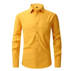 Solid Color Men's Long-sleeved Shirt, Single-breasted Square Collar Small Elastic Shirts, Suitable for Wedding/Business/Office