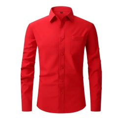 Solid Color Men's Long-sleeved Shirt, Single-breasted Square Collar Small Elastic Shirts, Suitable for Wedding/Business/Office
