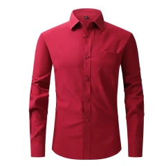 Solid Color Men's Long-sleeved Shirt, Single-breasted Square Collar Small Elastic Shirts, Suitable for Wedding/Business/Office