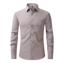 Solid Color Men's Long-sleeved Shirt, Single-breasted Square Collar Small Elastic Shirts, Suitable for Wedding/Business/Office