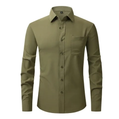 Solid Color Men's Long-sleeved Shirt, Single-breasted Square Collar Small Elastic Shirts, Suitable for Wedding/Business/Office