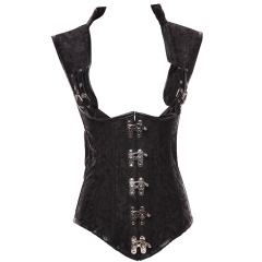 Black Brocade Corset Collared Top Plus Size Sexy Corsages Vest PQT8423