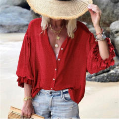 Loose Polka Dot Printed Shirt Long Ruffle Sleeve Tops PQOM9103B